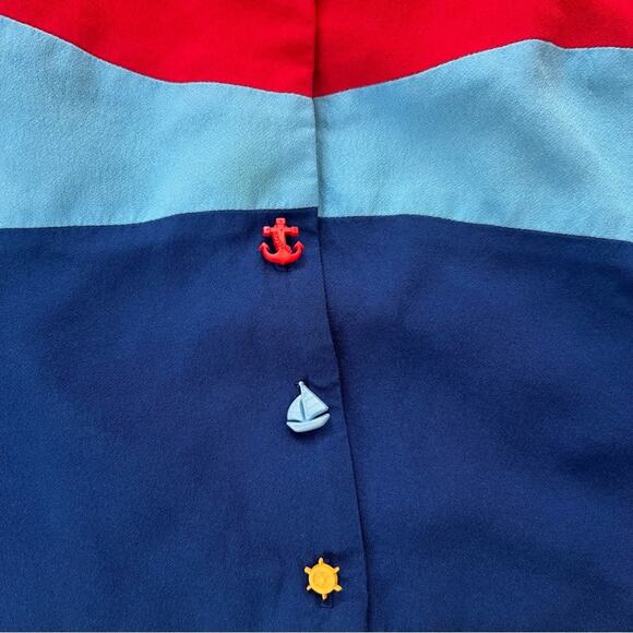 Staud Women’s Nautical Striped Navy Yellow Red Boxy Collared Button Blouse Top L - Picture 4 of 9